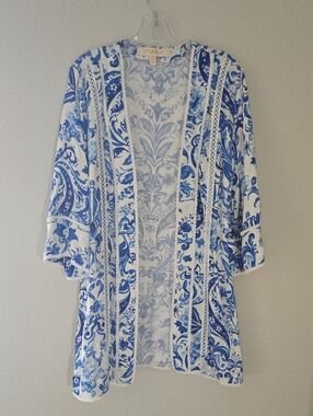 NWOT, Blue & White Floral Lace-Trim Kimono Jacket, Sz 8